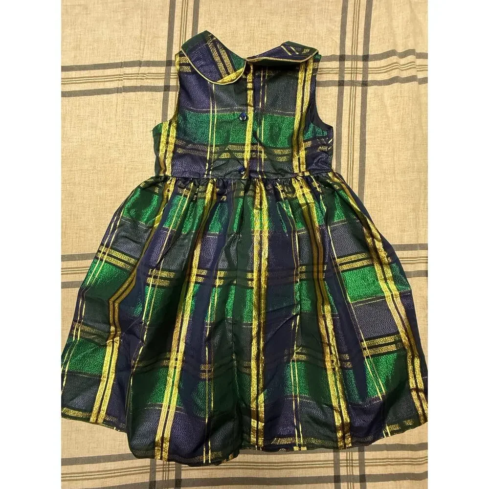 Bonnie Jean Girls Size 6 Green Navy Metallic Gold Plaid Holiday Christmas Dress